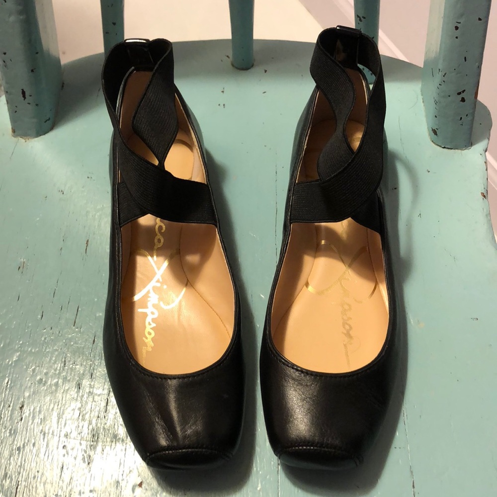 Jessica Simpson black leather elastic ballet flats